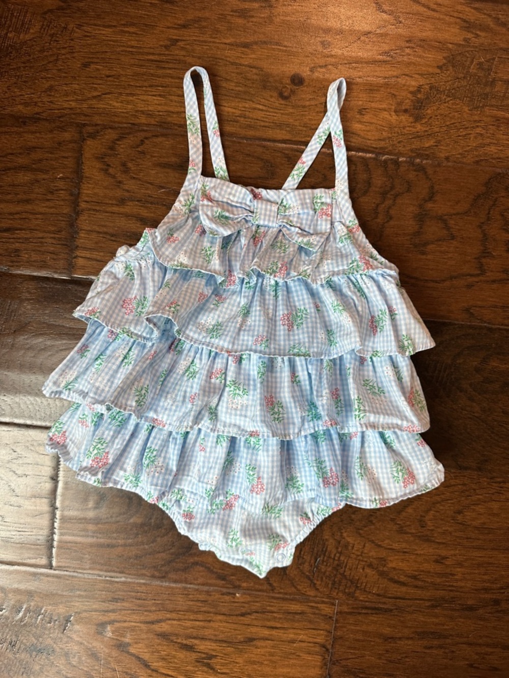 Little Me Blue and White Gingham Ruffle One-Piece with Floral Print
